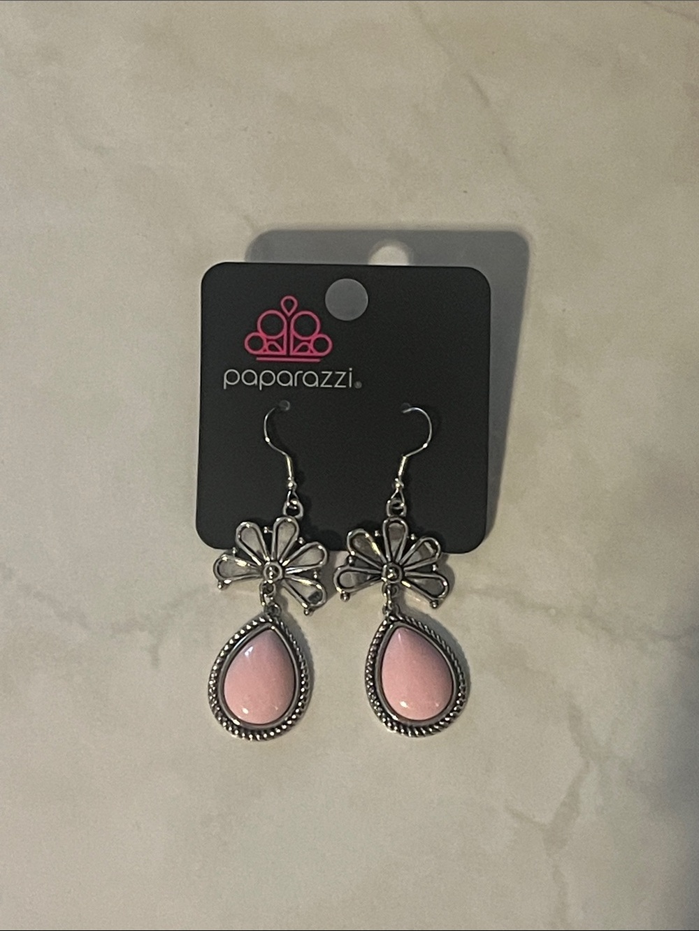 Paparazzi Silver Floral Pink Teardrop Dangle Earrings